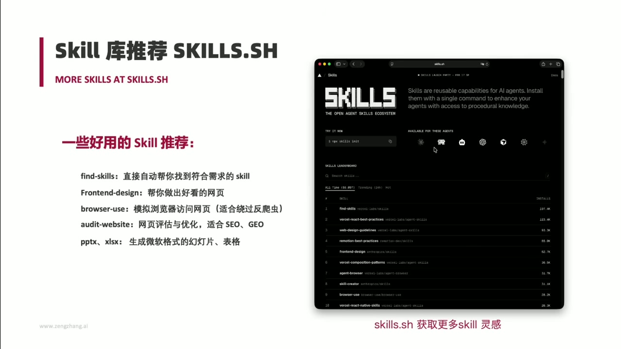 屏幕展示: skills.sh网站推荐