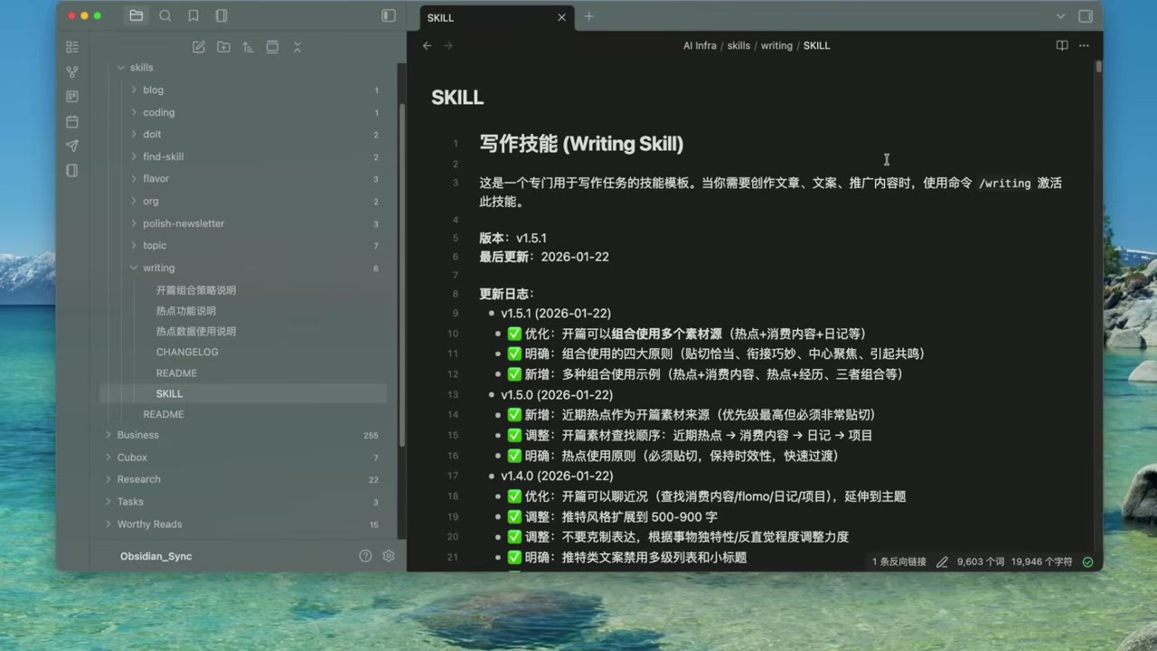 屏幕展示: 写作技能文件内容